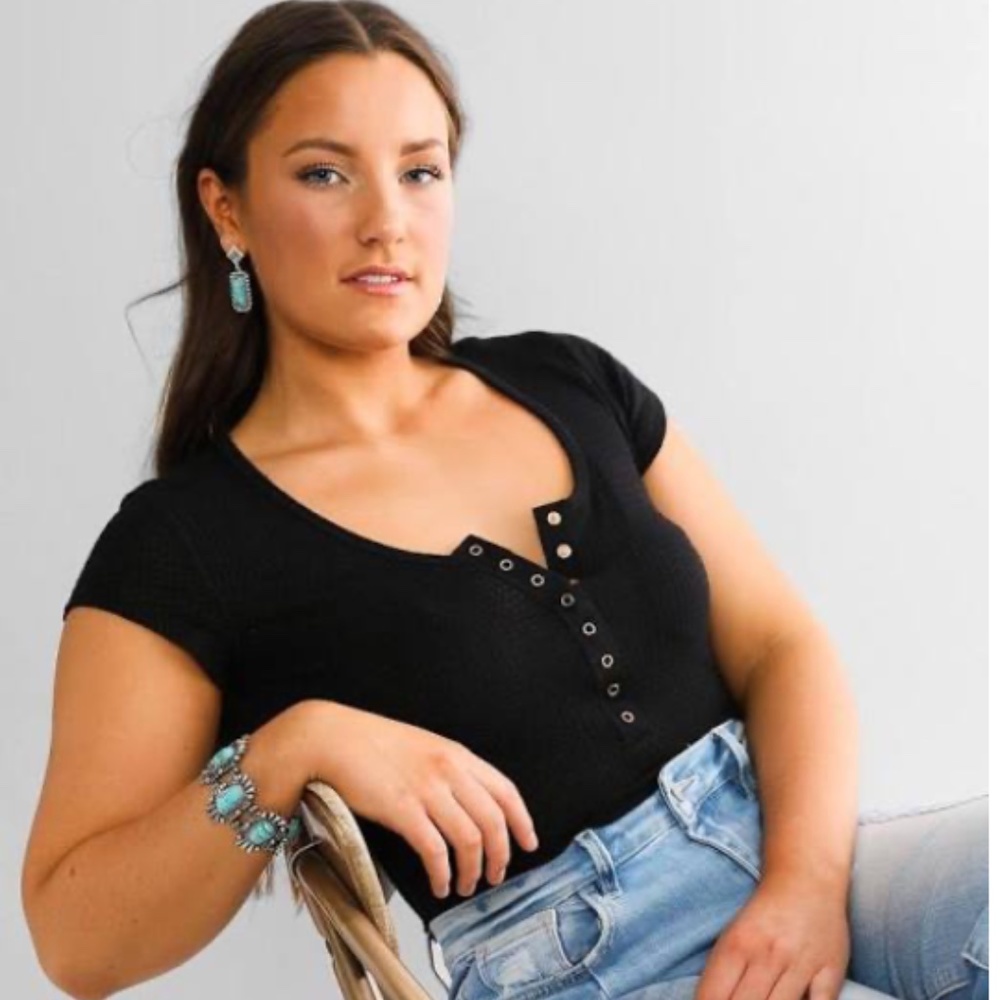 Free People One of the Girls Black Button Henley Size L